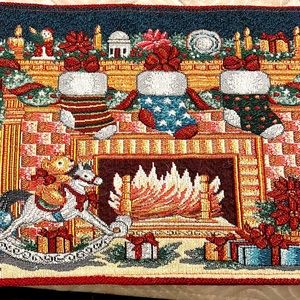 Holiday Table Runner Fireplace with Stockings Rockinghorse  70” Long 12” wide